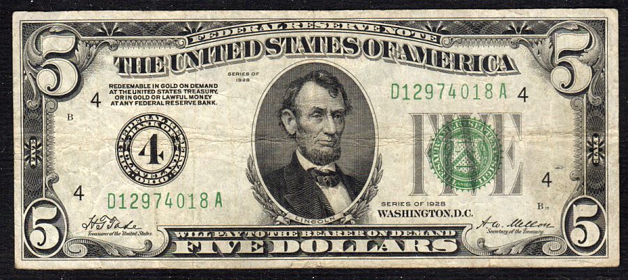 Fr.1950-D, 1928 $5 Federal Reserve Note, D12974018A, VF